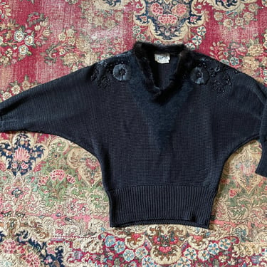 Vintage ‘70s ‘80s Elizabeth New York luxurious embellished batwing sweater | angora, mink fur, ribbon embroidery & glass beading 