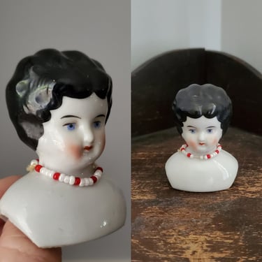 Antique Miniature Low Brow China Doll Head with Painted Black Hair - 2.5
