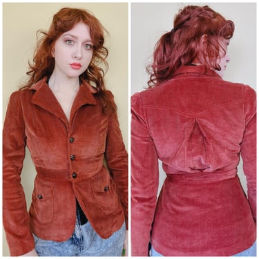 1970s Vintage Brick Brown Young Times Blazer / 70s Cotton Corduroy Western Yoke Jacket / Small 