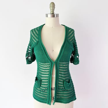 SIZE S Moth Casa Particular Cardigan / Twee Anthropologie Y2K / Green Crochet Pom Pom Short Sleeve Cardigan Sweater 