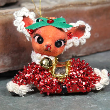 Vintage Beaded Rudolph the Red Nose Reindeer Ornament | Circa 1960s | Adorable Vintage Rudolph | Blinged Out Rudolph | Bixley Shop 