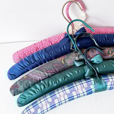 Vintage Plush Hangers / Delicates Clothing Hangers / Fabric Covered / Pink and Purple Satin / Set of 5 Bold Maximalist 
