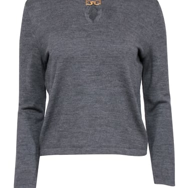 Salvatore Ferragamo - Grey Wool Long Sleeve Sweater w/ Logo Clasp Sz S