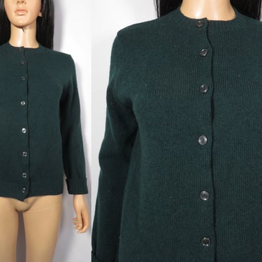 Vintage 60s Simple Classic Basic Knit Hunter Green Button Up Cardigan Size S/M 
