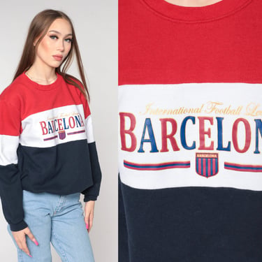 90s Barcelona Sweatshirt BIFL International Football League Sweatshirt Sportswear Color Block Pullover 1990s Streetwear Red White Medium 