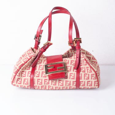 Vintage FENDI Zucchino Red + Pink Mini Hobo Bag with Silver Hardware Purse Croissant Baguette Canvas + Leather FF Zucca 