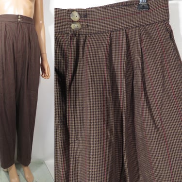 Vintage 80s/90s Brown Cotton Houndstooth Pleat Front Comfy Trousers With Pockets Made In USA Size 12 M/L 