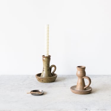 Eclectic Pair of Stoneware Candlesticks