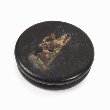 1800s Antique Lacquered Snuff Box Paper Hand-Painted Woman Holding Fan 