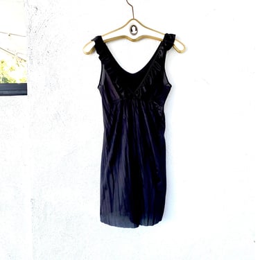 Vintage 70s 80s Ruffle Black Nylon Short Slip Empire Waist Dress 