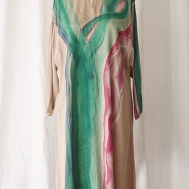 Vintage Painted Silk Geode Dress | M/L | 1980s Modernist Hand Made / Painted Tent Dress with Pink and Green Abstract Design 