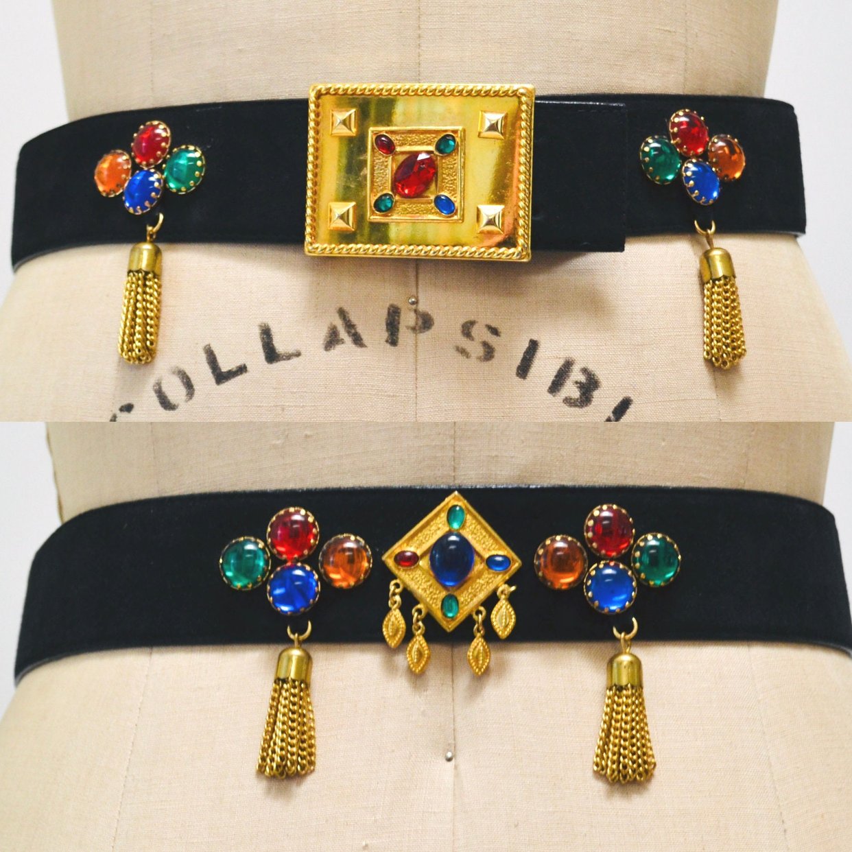 Vintage 80s Era Escada Gold E One Logo Buckle Belt Size 42 80s 90s Vintage ESCADA Red Gold Gemstone Belt Metallic Wide  main image 2