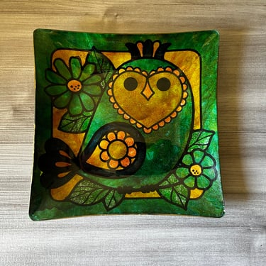 Vintage Gold Green Blue Floral Owl Glass Tray, Vintage Owl Decor 