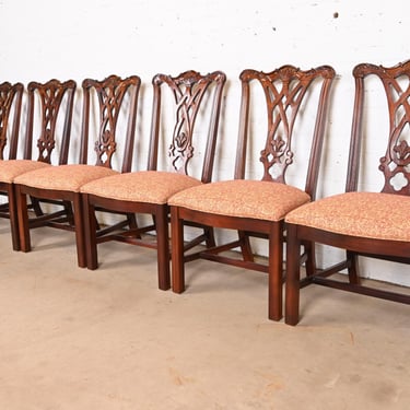 Baker Furniture Style Chippendale Carved Mahogany Dining Chairs, Set of Six