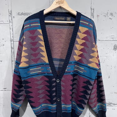 M 90s Geometric Aztec sweater cardigan button up chunky hand knit cardigan southwest design 