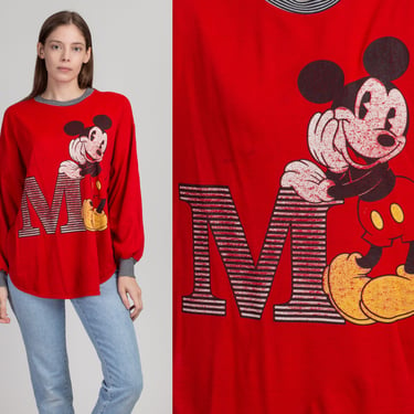 Vintage Mickey Mouse Long Sleeve Shirt - Extra Large | 90s Red Striped Trim Disney Cartoon Graphic Pajama Tee 