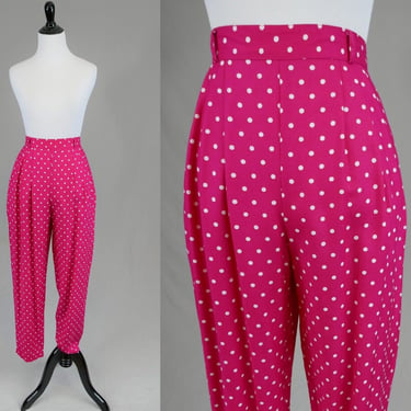 80s Pink White Polka Dot Pants - Rayon - High Rise Pull On - Max + Diane - Vintage 1980s - M L 