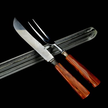 Serving fork + serving knife Art Deco with Catalin Bakelite handle Solingen 20s 30s stainless steel meat knife meat fork design 