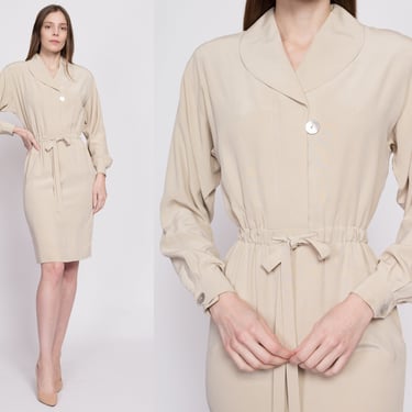 XS 90s Silk Minimalist Secretary Dress | Vintage Shawl Collar Fitted Waist Knee Length Dress 