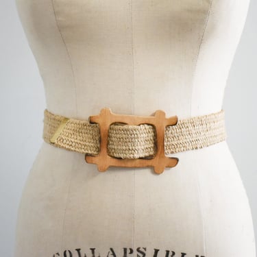 1970s/80s Neutral Jute Stretchy Belt with Wooden Buckle 