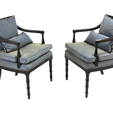 Pair Regency Armchairs w Faux Bamboo Legs Lattice Backs Upholstered Seats 