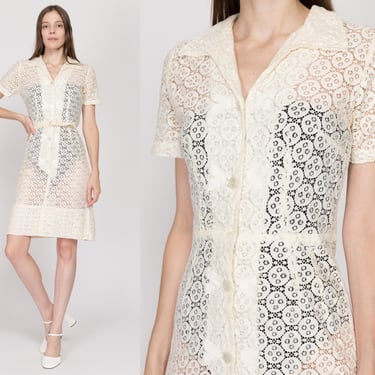 Small 1940s White Lace Mini Shirtdress | Vintage 40s Sheer Crochet Short Sleeve Button Up A Line Belted Dress 