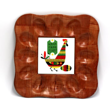 vintage wood deviled egg plate with chicken tile 