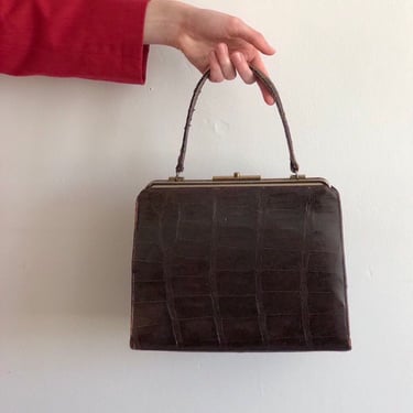 60s alligator structured purse handbag / vintage authentic alligator structured brown purse top handle bag handbag 
