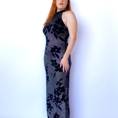 1990s Black and Silver Floral Maxi Dress, sz. M-XL