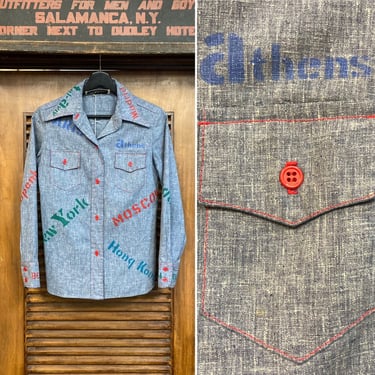 Vintage 1960’s Stencil Block Print Travel Locations Pop Art Shirt Top, 60’s Pop Art, Vintage Western Shirt, Vintage Mod, Vintage Clothing 