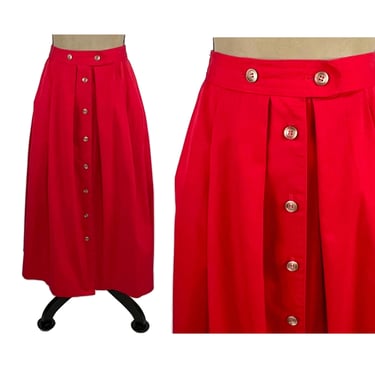 80s Casual Red Skirt Medium, Cotton Twill High Waist 28" Button Down Pleated Midi Skirt with Pockets COUNTRY SUBURBANS Clothes Women Vintage 