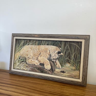 Free Shipping Within Continental US - Vintage Original Framed and Signed Painting of Lion Cub by Lori Benton Circa1988 