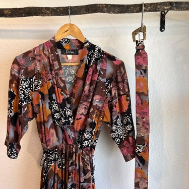 D' Lim Vintage Abstract Pink Floral Long Sleeve Dress with Belt Pockets Size XS 
