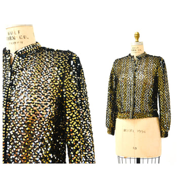 70s 80s Vintage Sequin Sweater Cardigan Jacket Medium Metallic Disco Sweater Gold silver Black Jacket //  Vintage metallic Sequin Jacket 