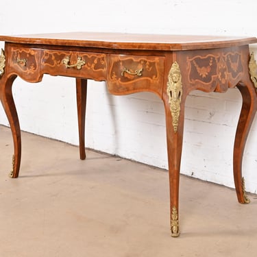 Antique Italian Louis XV Burl Wood Leather Top Bureau Plat Desk With Mounted Bronze Ormolu