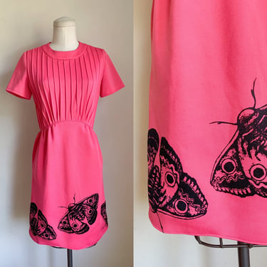 Vintage 1960s Hot Pink Dress with screen printed moth / XS 