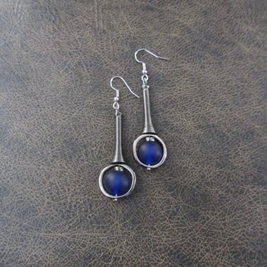 Mid century modern earrings royal blue frosted glass and gunmetal earrings 