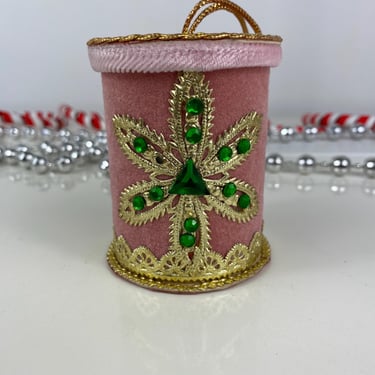 Vintage Embellished Flocked Drum Ornament, Gold Accents, Green Jewels, Gold Braid Ribbon, Pink Flocked Velvet, Old Ornate Christmas Ornament 