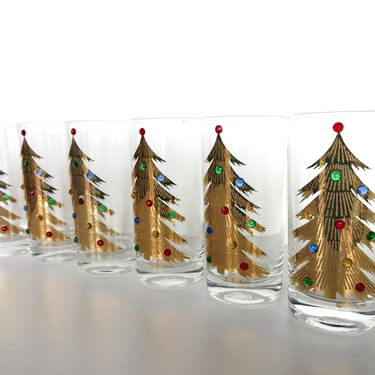 6 Vintage Culver Jeweled Highballs, Culver 22kt Gold Christmas Tree Barware Glasses 