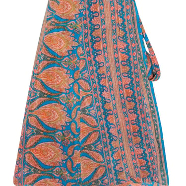 Calypso - Blue, Orange & Pink Paisley Print Silk Wrap Maxi Skirt Sz XS