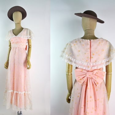 70s Prairie Maxi Dress / 70s Floral Dress / Bohemian / Size XXS/XS 