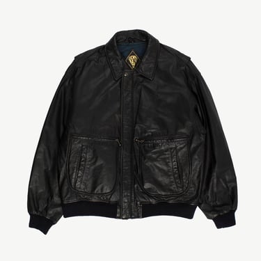 Mens black leather bomber jacket, padded winter vintage jacket - Large 