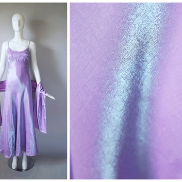 Vintage 1990s Chelsea Nites Lavender Iridescent Satin Full Length Dress with Matching Sash | retro 90s Y2K 2000s | 
