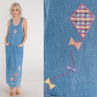 Denim Overall Dress 90s Embroidered Kite Jean Jumper Dress Retro Maxi Day Dress Casual Blue Patchwork Sleeveless Tank Vintage 1990s Small S 