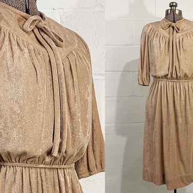 Vintage Textured Beige Dress Tan 3/4 Sleeves Fit and Flare Keyhole Tie Collar Peasant Midi 1980s 1970s Large XL 