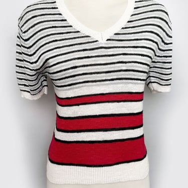 1970's Knit Sweater Top Pullover Blouse Hippie Disco Boho Vintage Ossie Clark era Red White Black Stripes Disco 