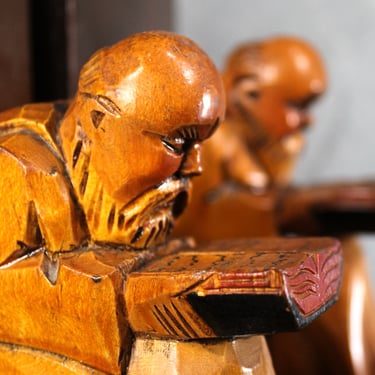Vintage Asian Monk Hand-Carved Wooden Bookends | Asian Wise Men Bookends | Gift for Readers | Library Decor | Bixley Shop 