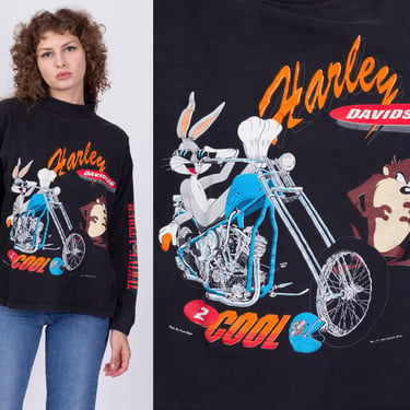 90s Bugs & Taz Harley Davidson Long Sleeved T Shirt - Men's Large | Vintage Black Looney Tunes Biker Graphic Mockneck Tee 