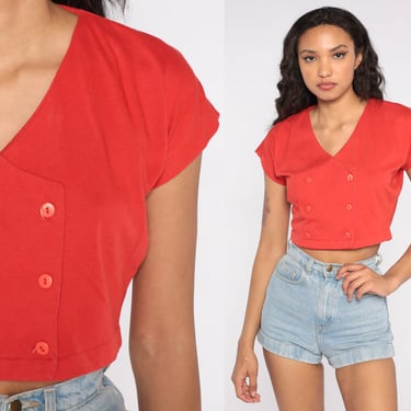 80s Crop Top Red Double Breasted Cropped Shirt Wrap Top Vintage Button Up Blouse 1980s Retro Hipster Short Sleeve V Neck Basic Medium M 