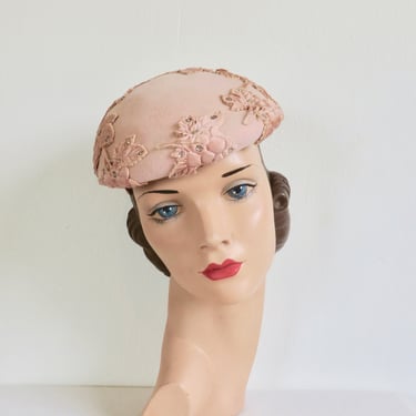Vintage 1950's Pastel Pink Felt Hat Velvet Grapes and Leaves Rhinestones Spring Rockabilly 50's Millinery 